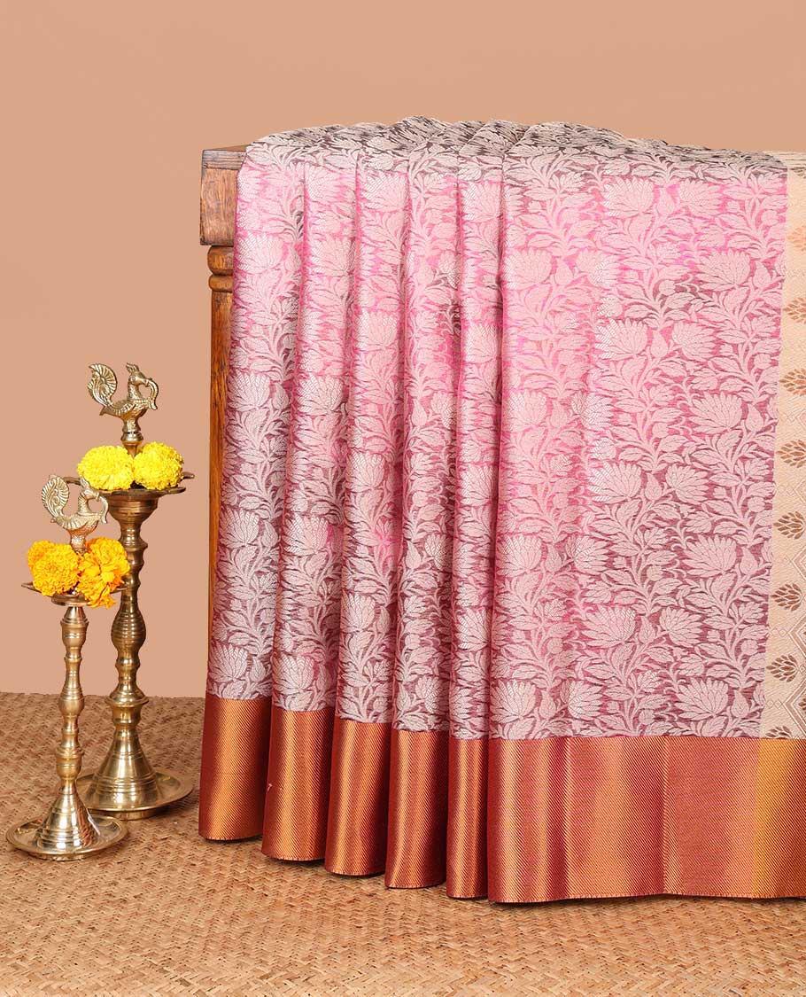 Purple zari flower weaving design banaras tissue saree with zari bawanchi border & butta zari pallu along with brocade blouse