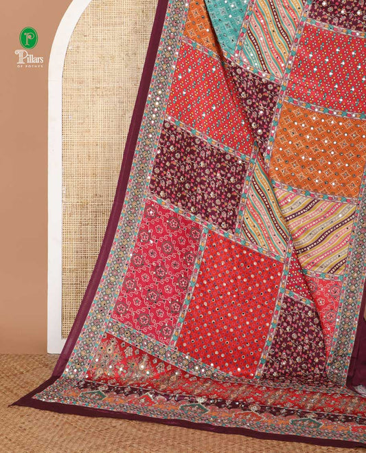 Multi-color geometric printed, mirror work masakali saree with printed, mirror work border & printed pallu along with plain blouse