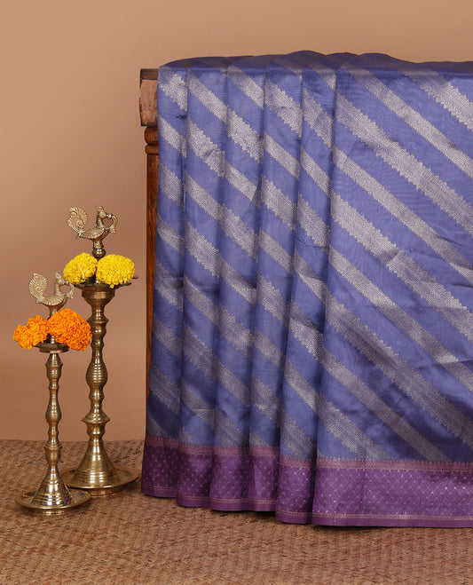 Violet golden zari striped burberry silk saree, contrast zari border & pallu features 1000 dobby-style buttas