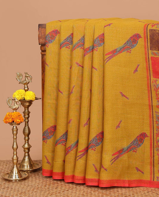 Golden yellow colorful bird motifs digital printed linen cotton saree, contrast piping border & kaleidoscopic-colored pallu of floral creeper & geometric print
