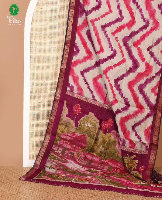Dark violet zig-zag shibori printed maheshwari silk saree,contrast peacock zari border, nature-theme scenery print pallu & butta print blouse
