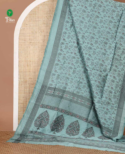 Sea blue warli-village theme printed litchi crushed saree, printed border, self-pallu & small butta printed blouse
