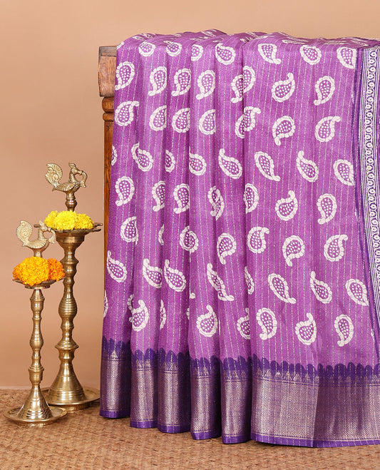 Lavender zari striped & batik-paisley dola silk saree,contrast traditional zari border,printed pallu & zari striped & butta print blouse