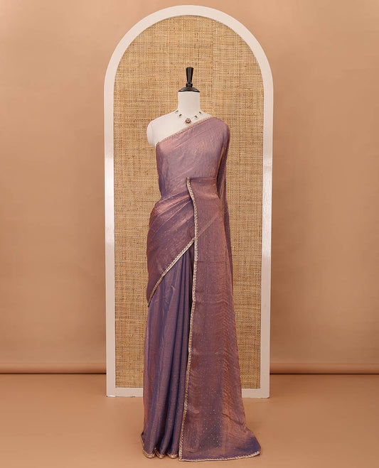 Lavender Swarovski stone work embedded fendy-chiffon saree, scallop lace border & floral mixed embroidered blouse