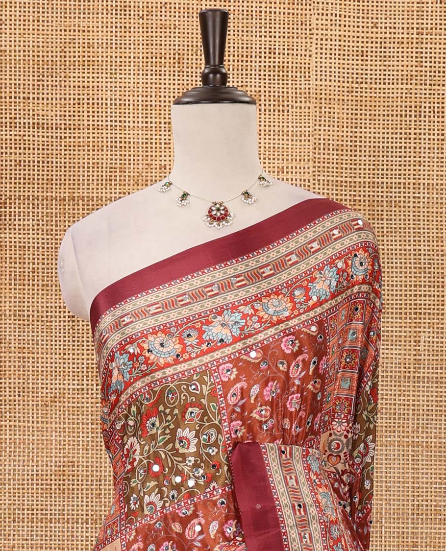 Purple-base floral-theme printed & real mirror embroidery masakali saree, self-border, printed mirror work pallu & matching blouse