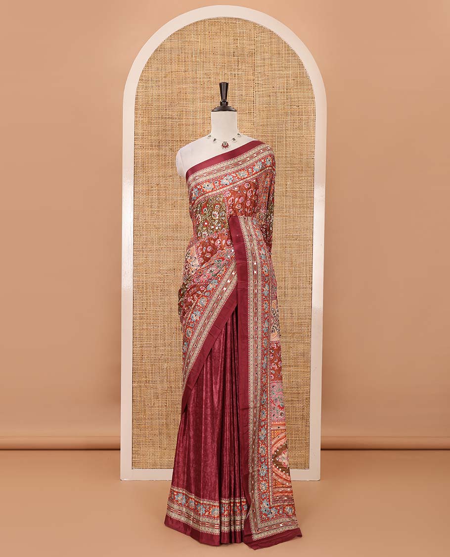 Purple-base floral-theme printed & real mirror embroidery masakali saree, self-border, printed mirror work pallu & matching blouse