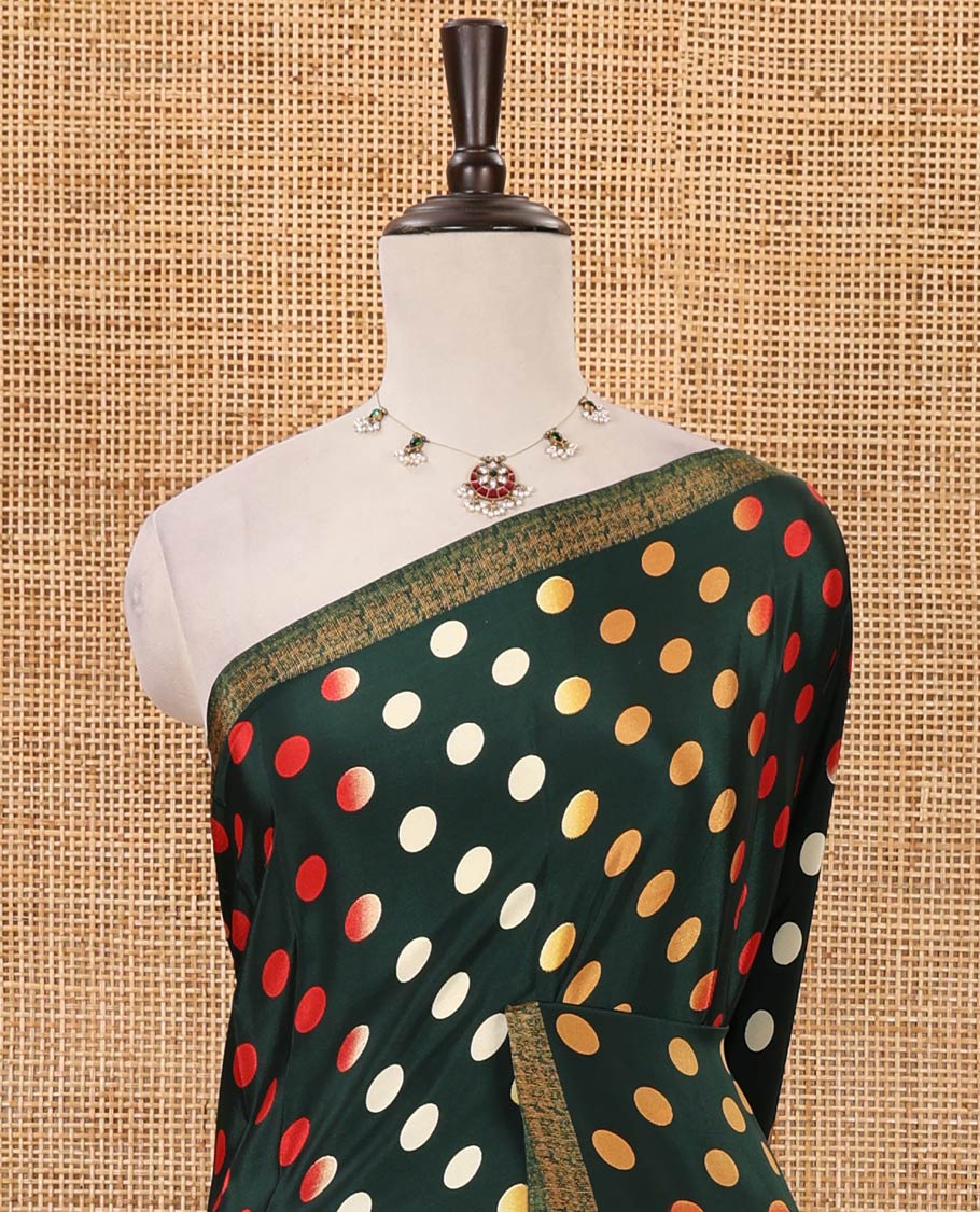 Green colorful polka dots printed satin crepe saree, contrast piping border, stripes printed pallu & contrast printed blouse