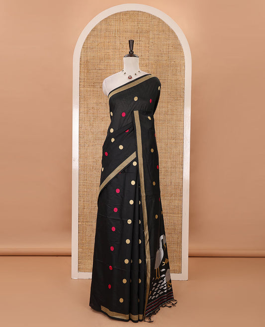 Black-base thread coin buttas mercerized cotton saree, piping border, jamdani-style pallu of floral & crane bird motifs, & matching blouse of coin buttas