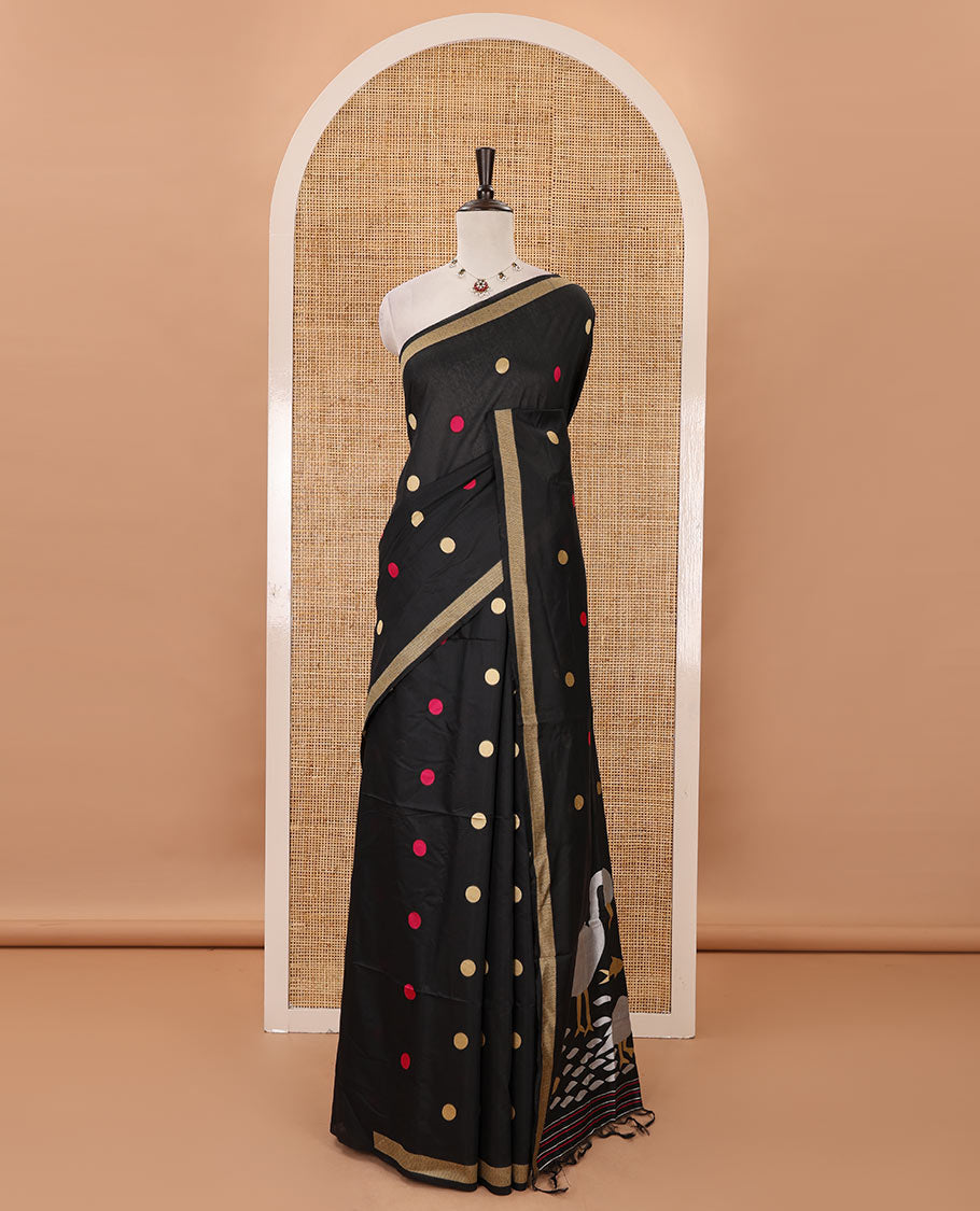 Black-base thread coin buttas mercerized cotton saree, piping border, jamdani-style pallu of floral & crane bird motifs, & matching blouse of coin buttas