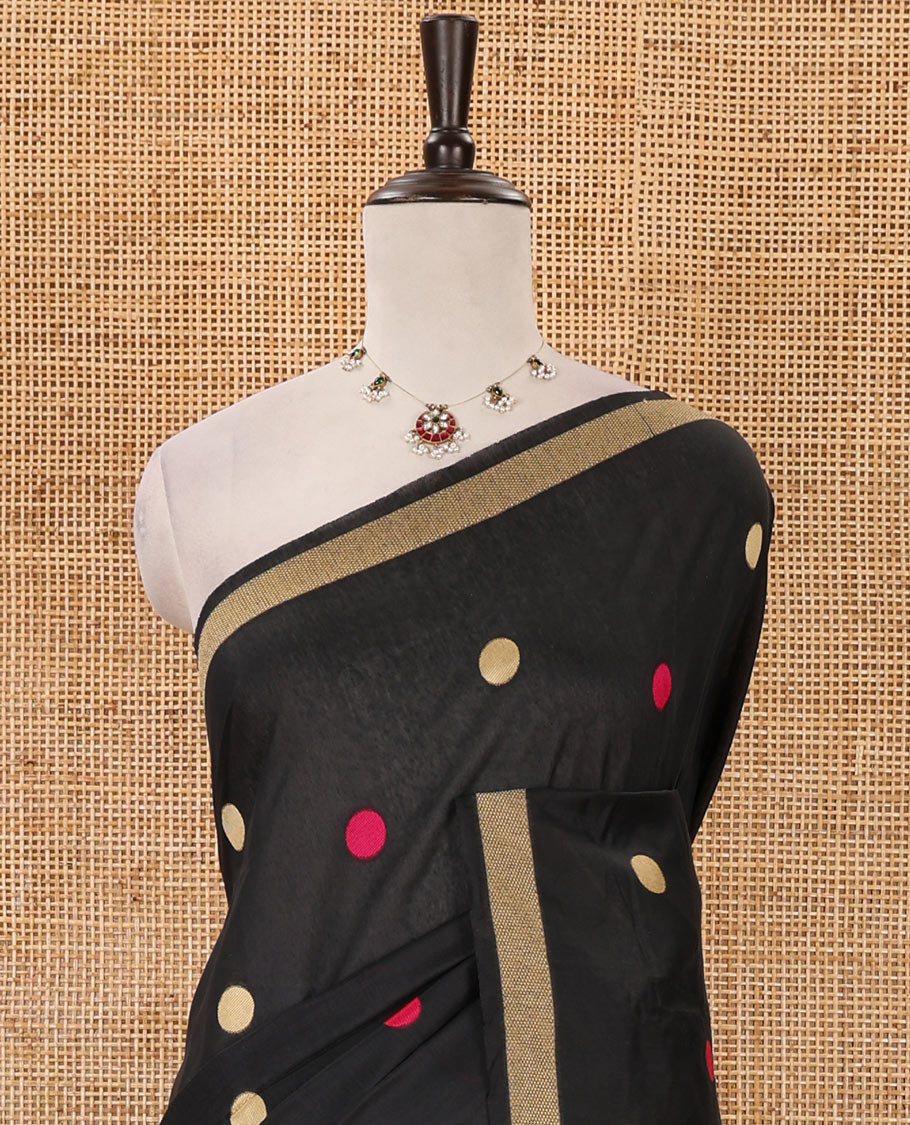 Black-base thread coin buttas mercerized cotton saree, piping border, jamdani-style pallu of floral & crane bird motifs, & matching blouse of coin buttas