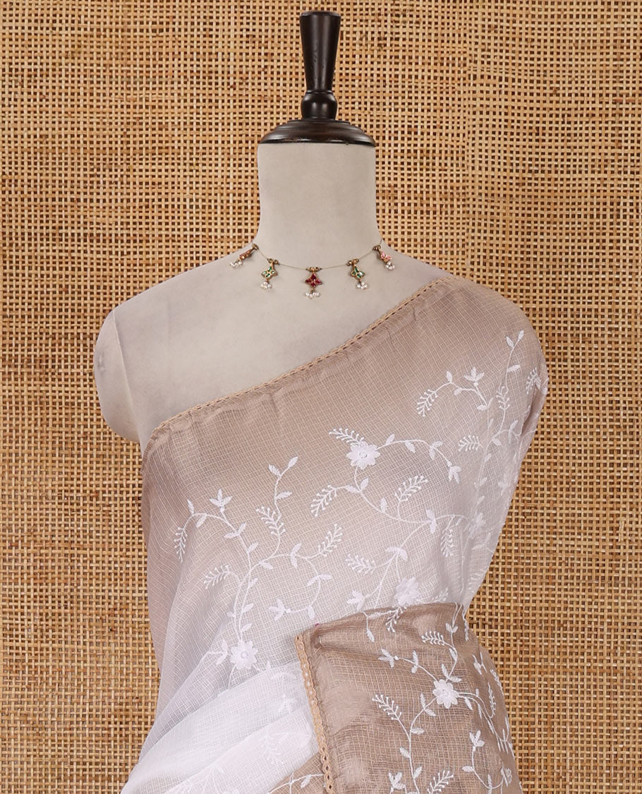 White-brown color 2D-style print & floral vine chikankari embroidered kota check saree, lace border & plain blouse