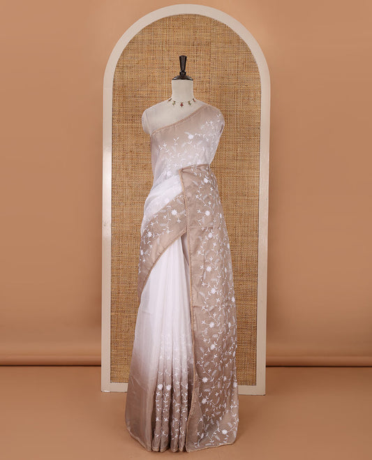 White-brown color 2D-style print & floral vine chikankari embroidered kota check saree, lace border & plain blouse