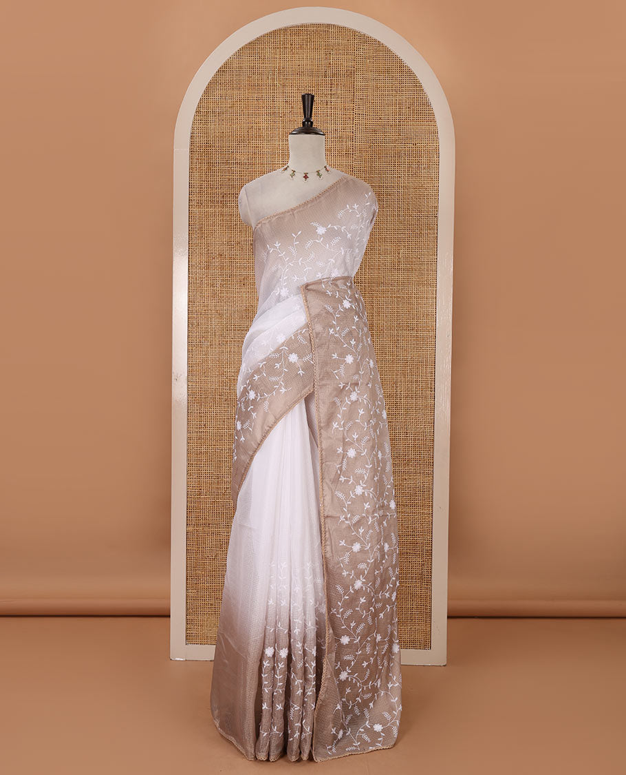 White-brown color 2D-style print & floral vine chikankari embroidered kota check saree, lace border & plain blouse