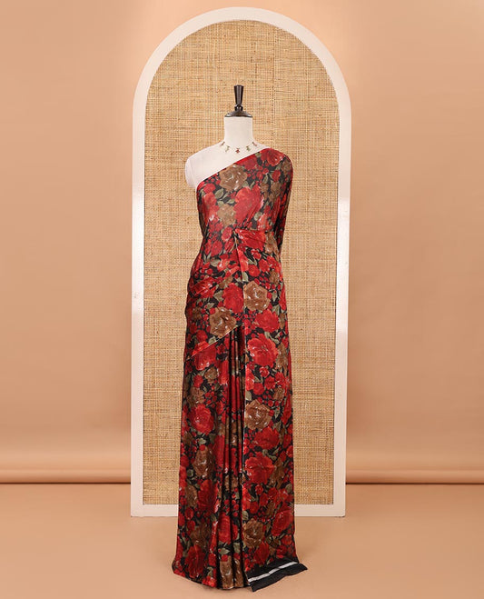 Borderless black floral printed light weight chiffon saree with plain blouse