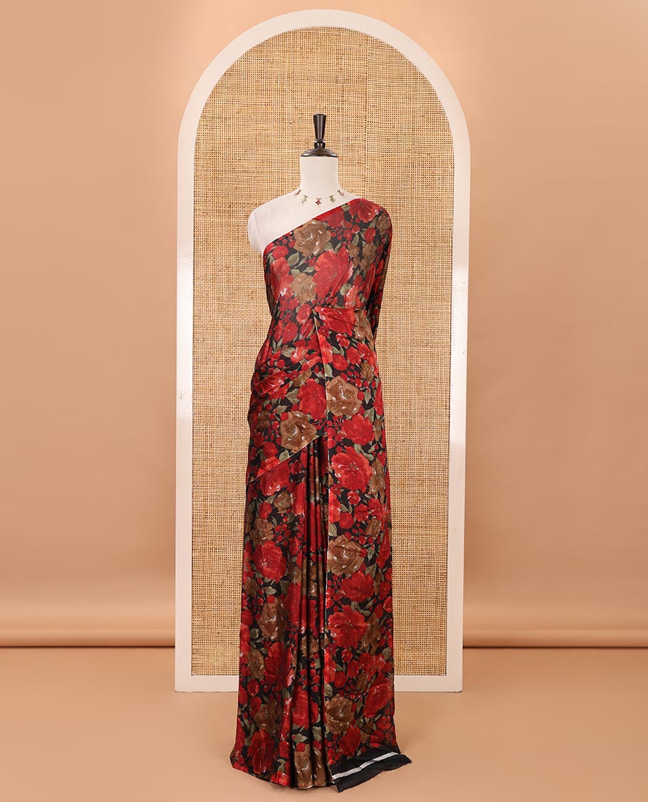 Borderless black floral printed light weight chiffon saree with plain blouse