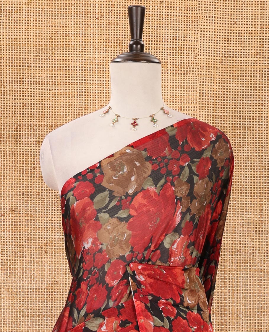 Borderless black floral printed light weight chiffon saree with plain blouse