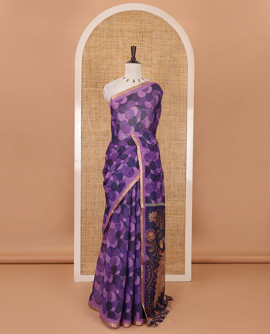 Lavender polka dots printed linen cotton saree, piping border, kalamkari floral-peacock printed pallu & small polka dots printed blouse