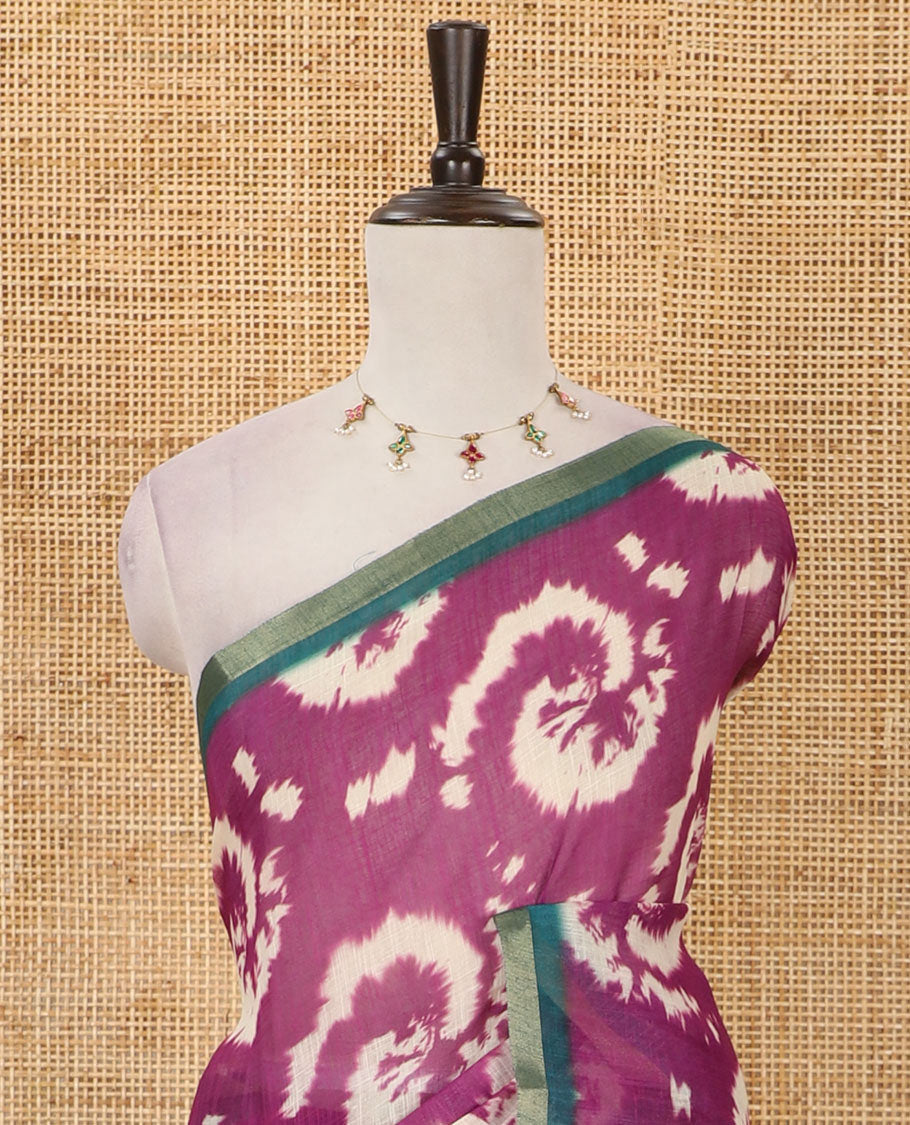Purple shibori-style printed linen cotton saree, contrast zari piping border, kamlamkari floral printed pallu & contrast printed blouse