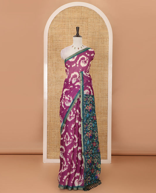 Purple shibori-style printed linen cotton saree, contrast zari piping border, kamlamkari floral printed pallu & contrast printed blouse