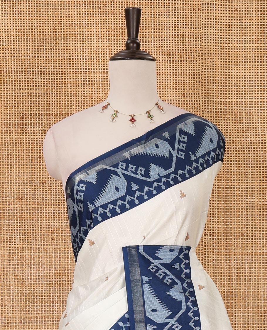 White temple buttas katan silk saree, contrast border & pallu of jamdani-style motifs & diamond motifs printed contrast blouse