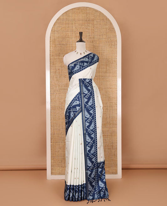 White temple buttas katan silk saree, contrast border & pallu of jamdani-style motifs & diamond motifs printed contrast blouse