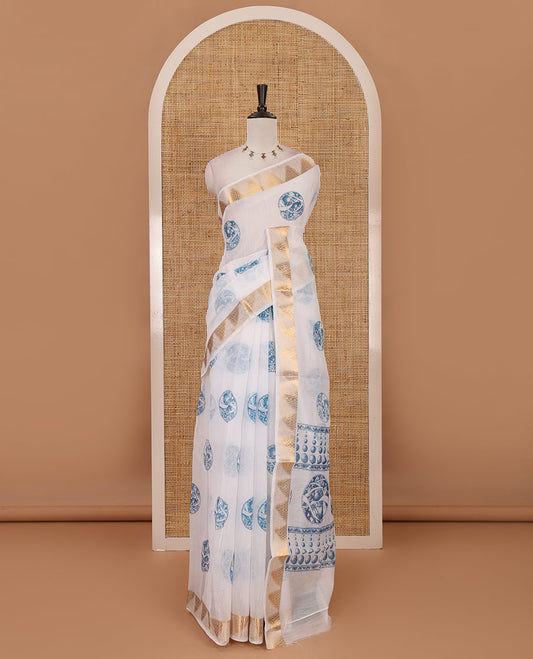 White-blue circular motifs printed mercerised cotton saree, gold zari temple  border, circular motifs printed pallu & matching zari border blouse