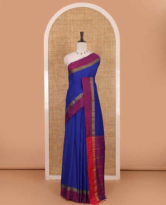 Nevy blue full-plain semi-soft saree, contrast satin border of zari stripes, striped pallu & contrast plain blouse