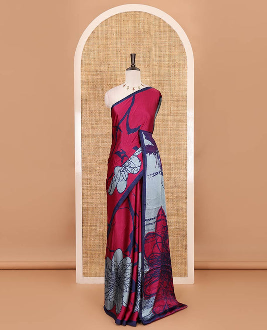 Purple painting-style  floral printed gajji silk saree, contrast piping border, printed pallu & contrast plain blouse