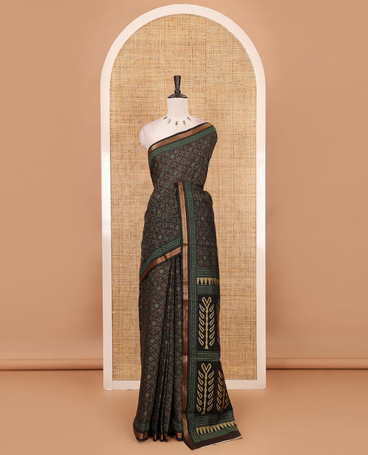 Chocolate brown geometric printed muslin cotton saree, zari border, geometric printed pallu & argyle printed blouse