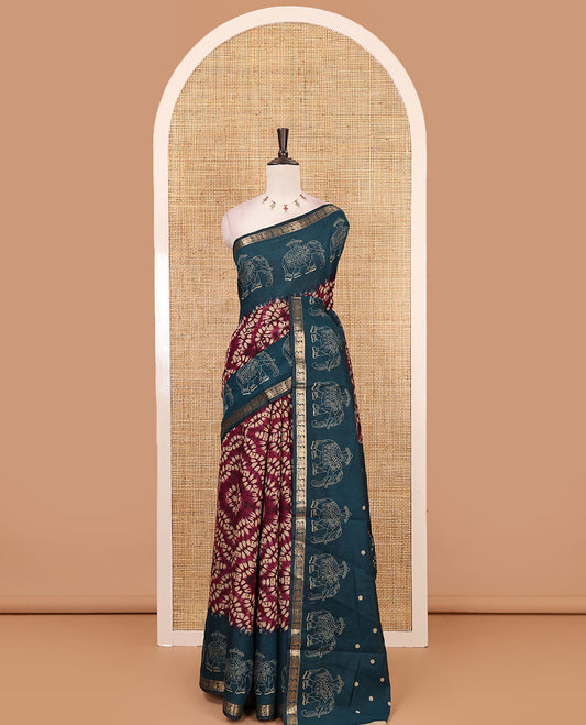 Wine diamond patterns Shibori-style printed muslin cotton saree, contrast elephant motifs printed border, batik elephant motifs pallu & contrast flower buttas printed blouse