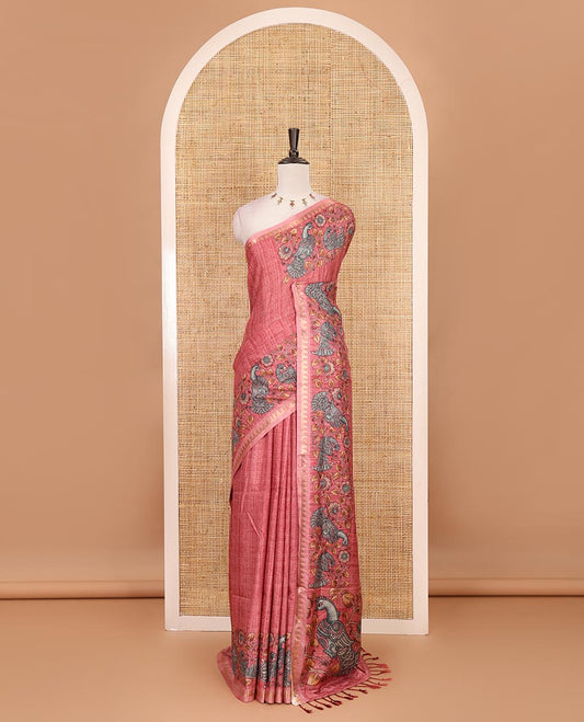 Onion pink full-plain katan silk saree, double-side kalamkari floral vine and bird printed temple zari border and matching floral vine printed blouse