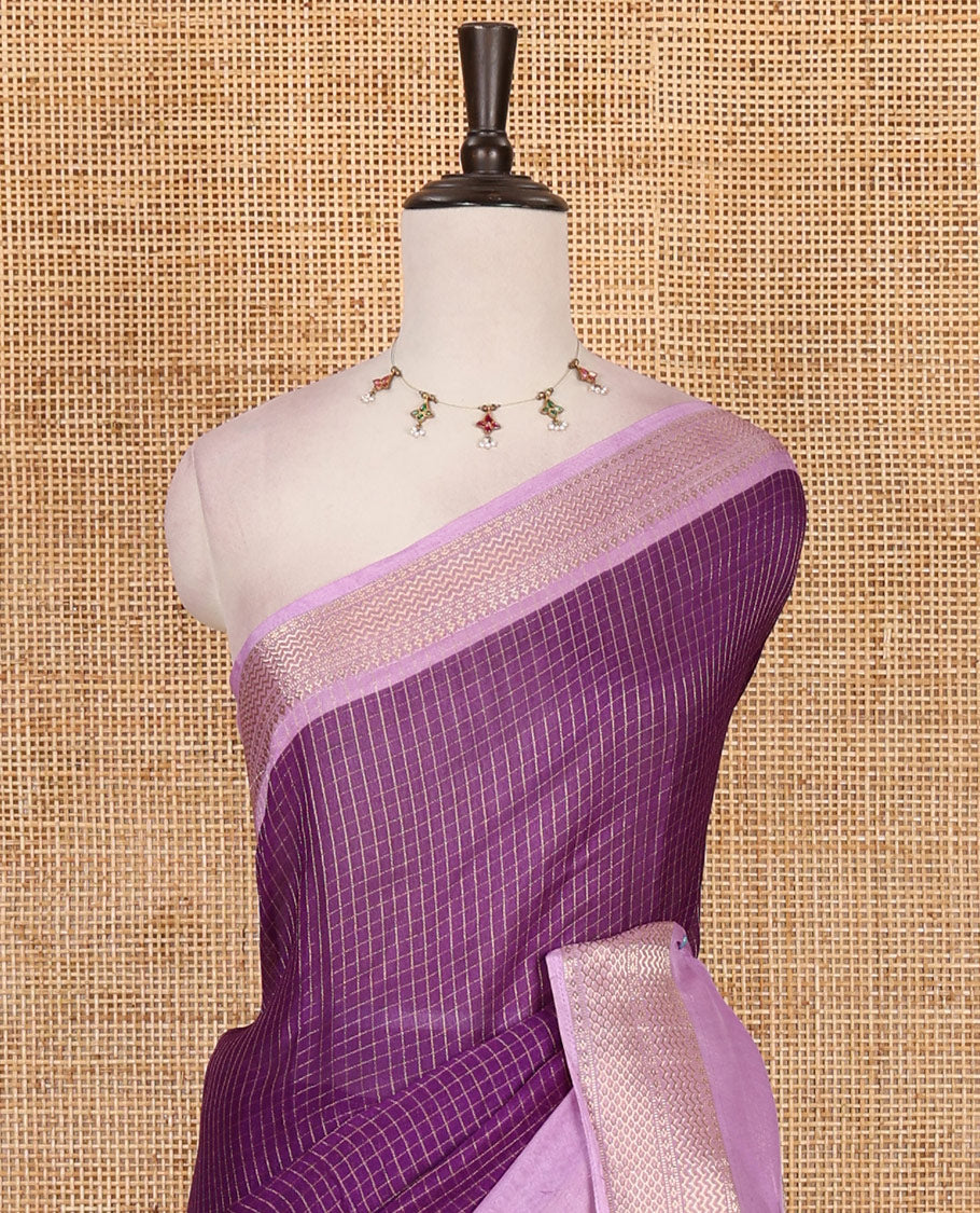 Violet zari checked moss milan saree, contrast traditional zari rettai pettu border, striped pallu, and contrast blouse