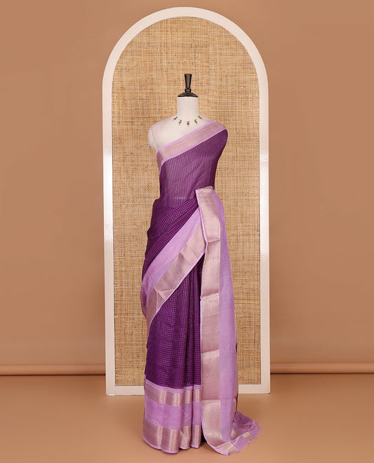 Violet zari checked moss milan saree, contrast traditional zari rettai pettu border, striped pallu, and contrast blouse