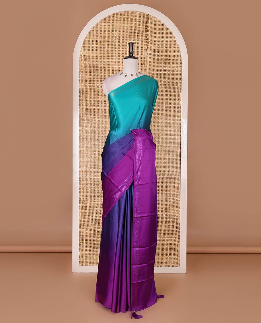 Purple ombre full-plain satin crepe saree, copper zari border, and plain blouse