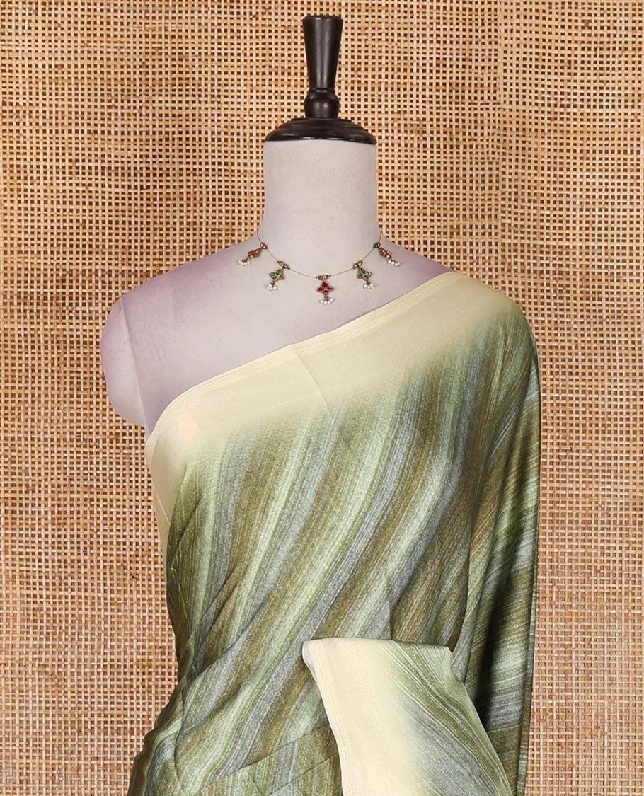 Mehendi green leheriya style hand brush printed satin crepe saree, contrast border, plain pallu, and floral vine printed blouse