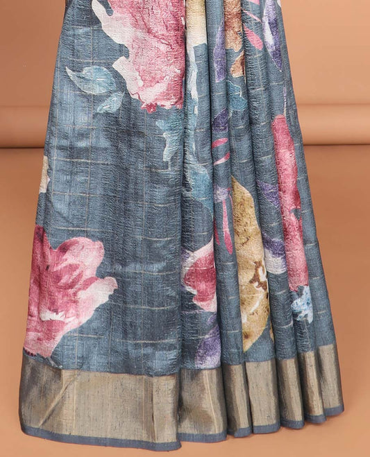 Grey checks with floral printe semi tussar saree, gold zari bawanchi border & printed pallu along with checked blouse