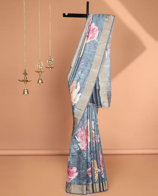Grey checks with floral printe semi tussar saree, gold zari bawanchi border & printed pallu along with checked blouse