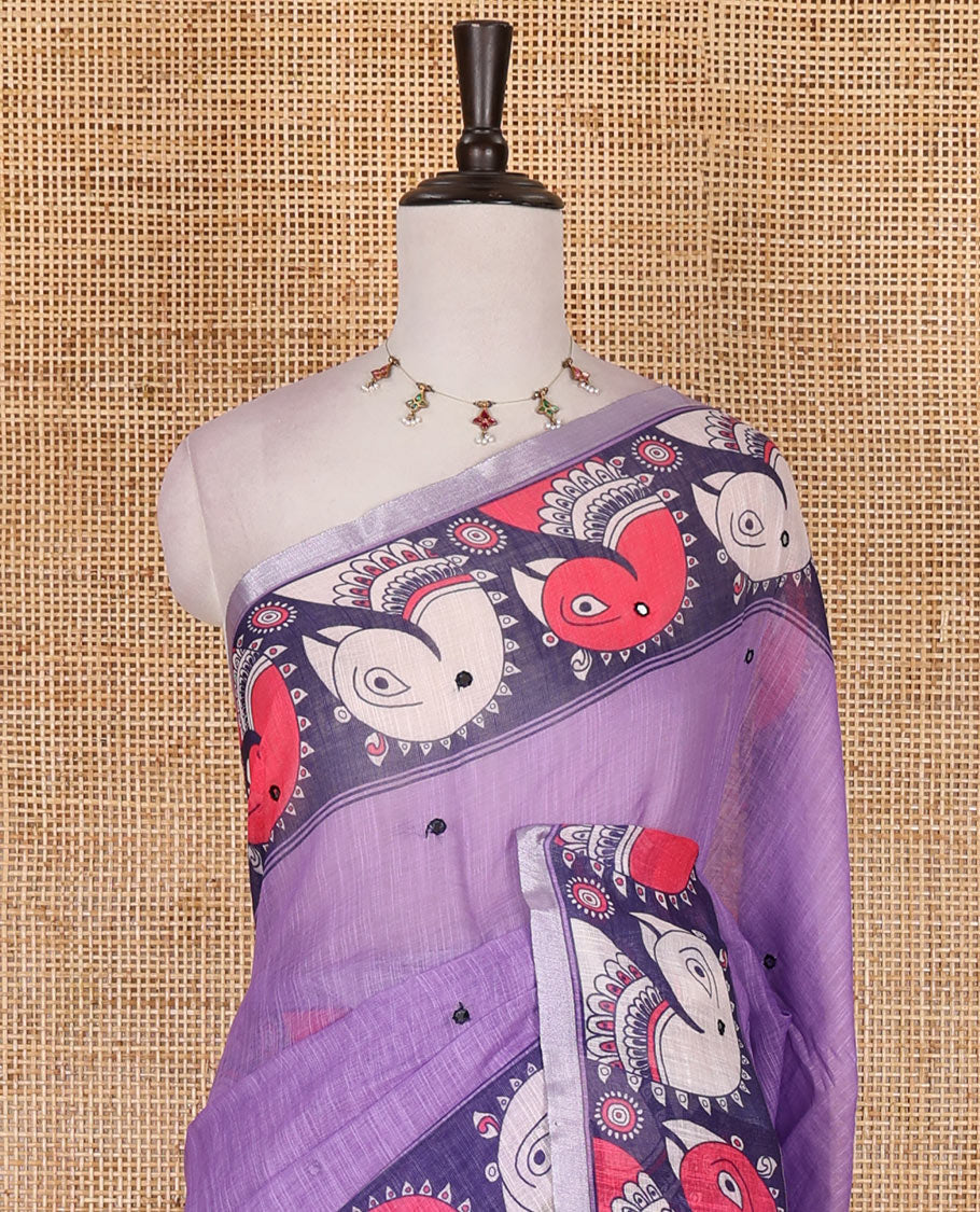 Purple mirror thread embroidered linen saree, contrast kalamkari peacock printed border, pallu of kalamkari peacock and human figurines print, and printed blouse