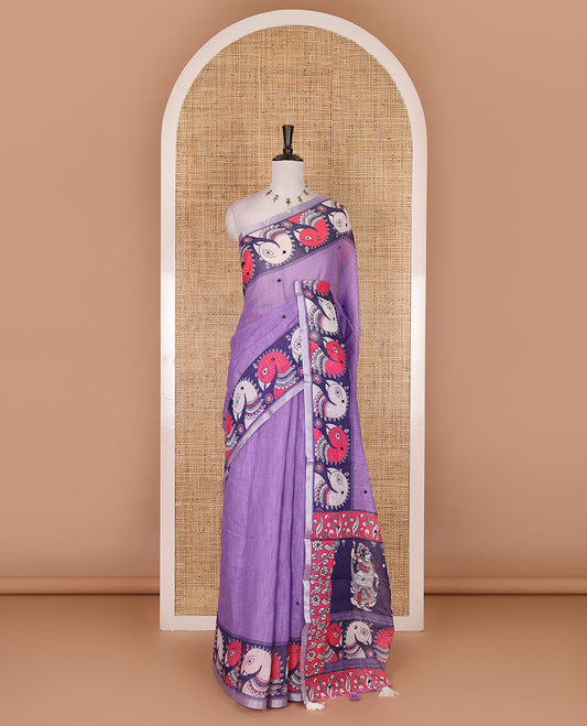 Purple mirror thread embroidered linen saree, contrast kalamkari peacock printed border, pallu of kalamkari peacock and human figurines print, and printed blouse