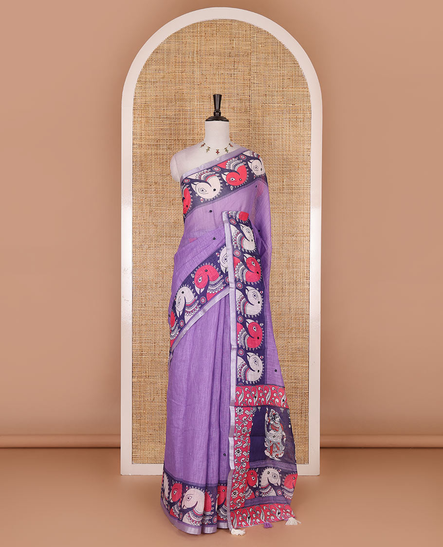 Purple mirror thread embroidered linen saree, contrast kalamkari peacock printed border, pallu of kalamkari peacock and human figurines print, and printed blouse