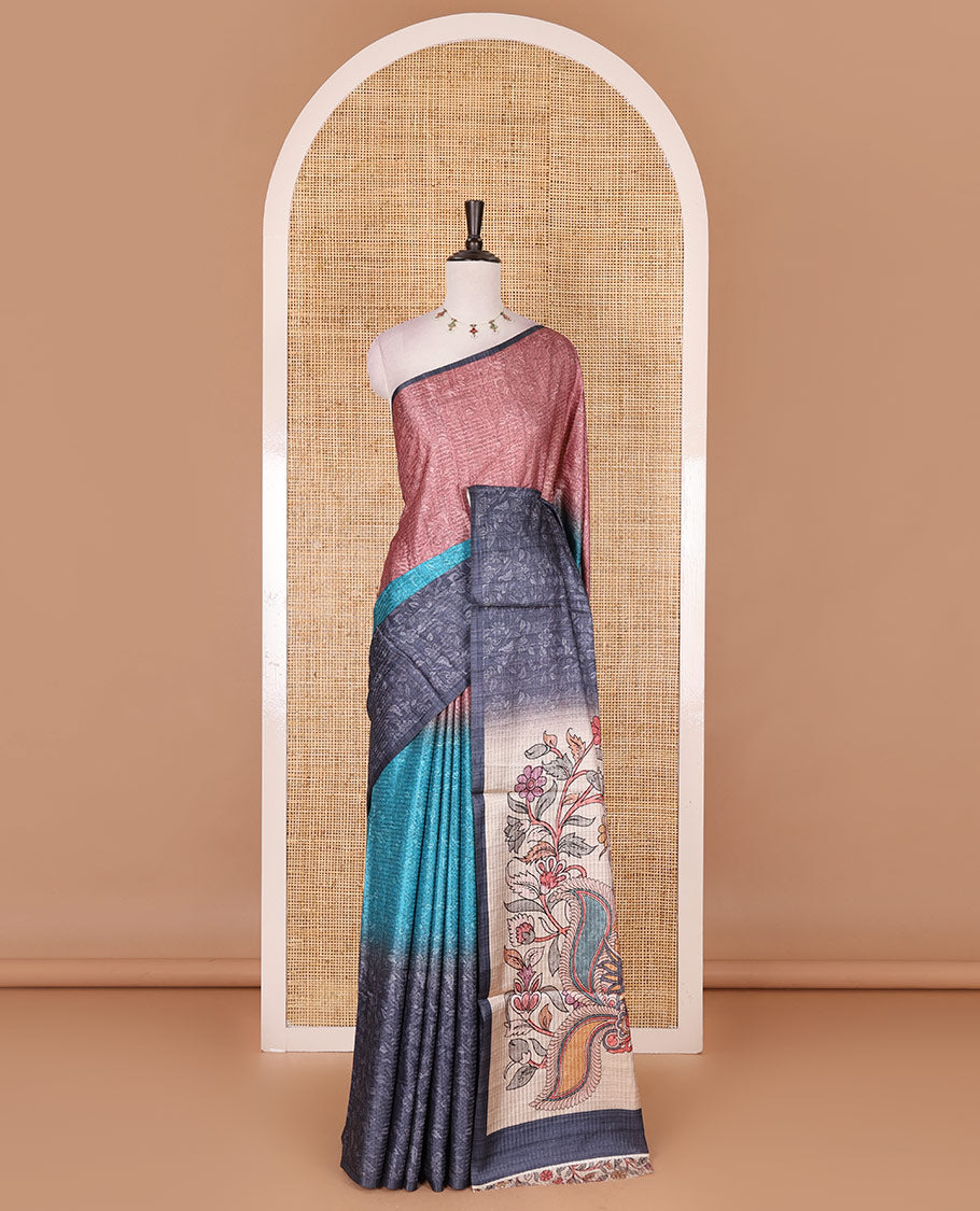 Borderless blue ombre style dyed and floral vine design semi tussar saree,  contrast kalamkari printed pallu and blouse