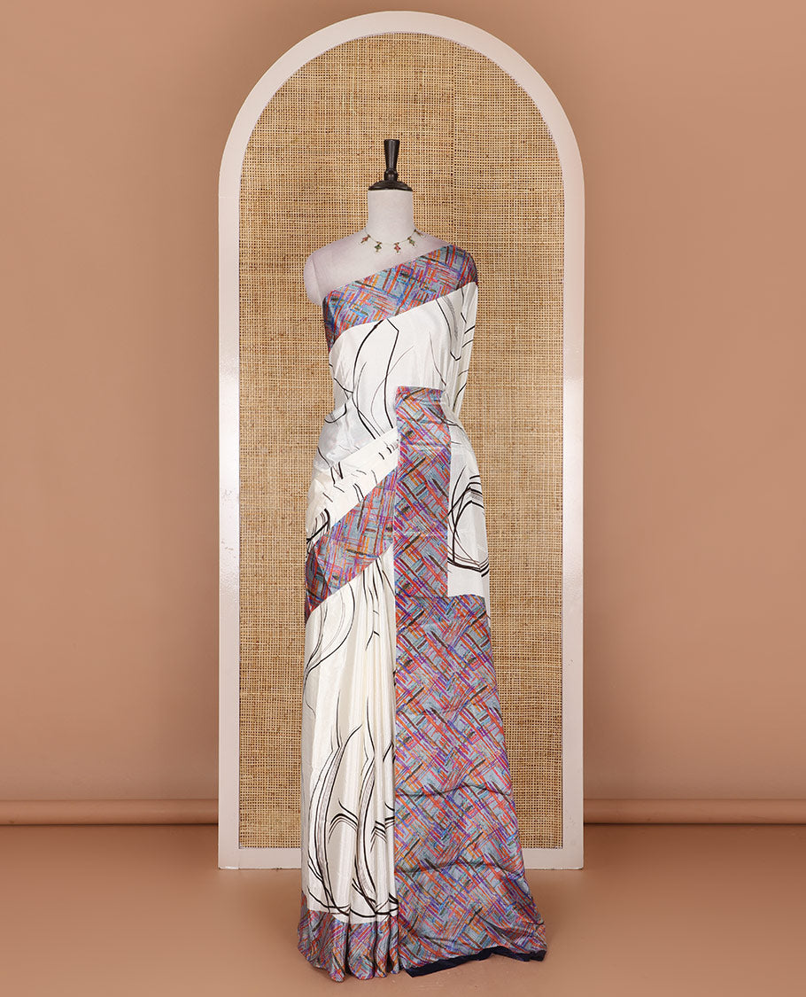 Half-white abstract style geometric printed Turkey crepe saree, contrast border, and pallu of abstract textured print