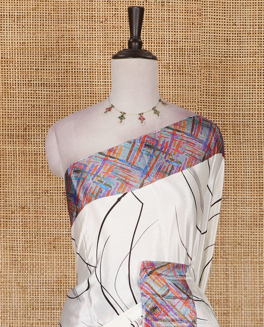Half-white abstract style geometric printed Turkey crepe saree, contrast border, and pallu of abstract textured print