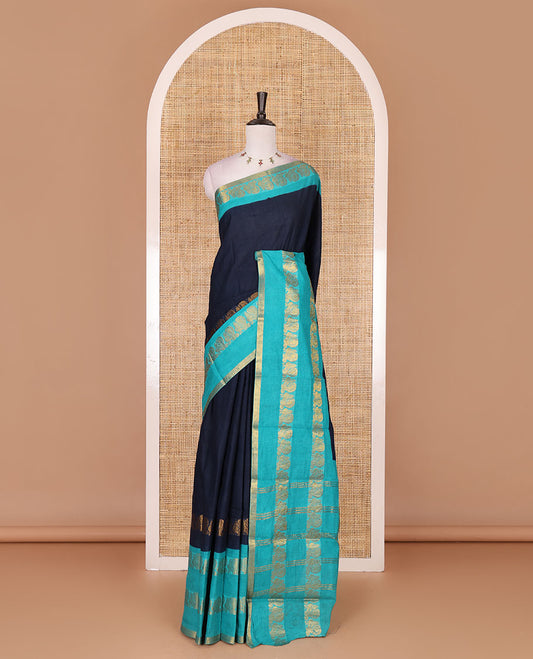 Navy blue plain sungudi cotton saree, contrast annam motifs, gold zari woven border, zari striped, and zari design contrast blouse