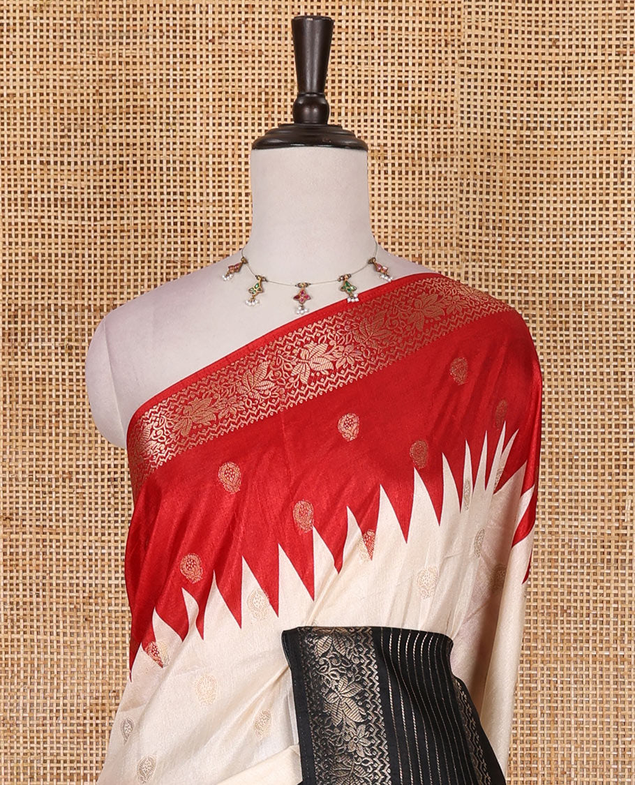 Cream zari buttas dola silk saree, contrast red-black temple ganga jamuna traditional zari border, paisley pallu, and contrast zari design blouse