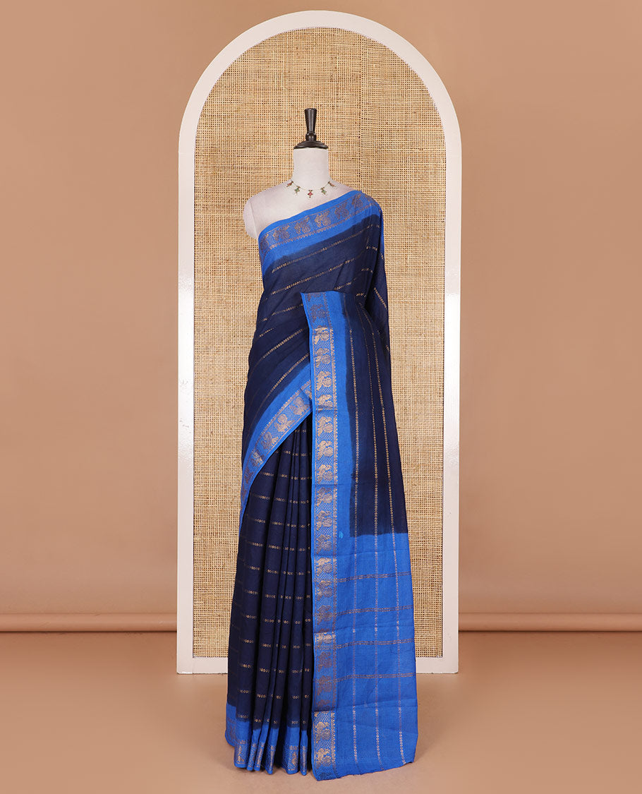 Blue veldhari zari striped Sungudi cotton saree, contrast peacock zari motif border, zari striped pallu, and contrast zari design blouse