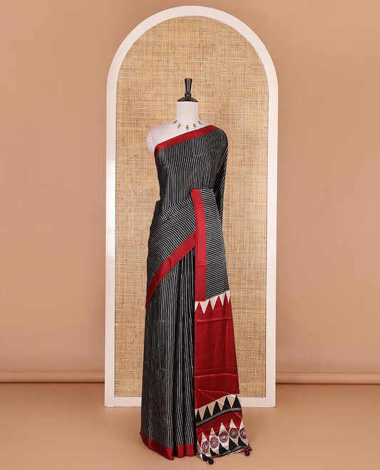 Black vertical striped gaji silk saree, contrast plain border, ajrakh printed pallu and contrast plain blouse