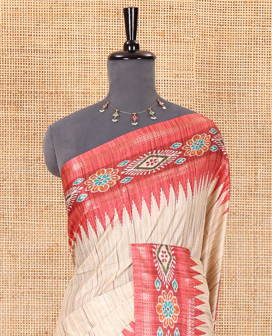 Chikku- maroon plain Katan silk saree, contrast ikkat floral-geometric printed temple border, ikkat printed pallu, and ikkat printed blouse