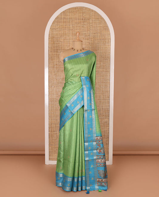 Parrot green micro-checked and swan motifs katan silk saree, contrast traditional zari border of swan motifs, printed pallu, and contrast buttas blouse