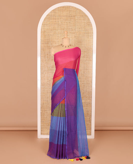 Borderless pink ombre-colored striped Khadi mul cotton saree, multi-colored tasseled pallu, and a matching blouse